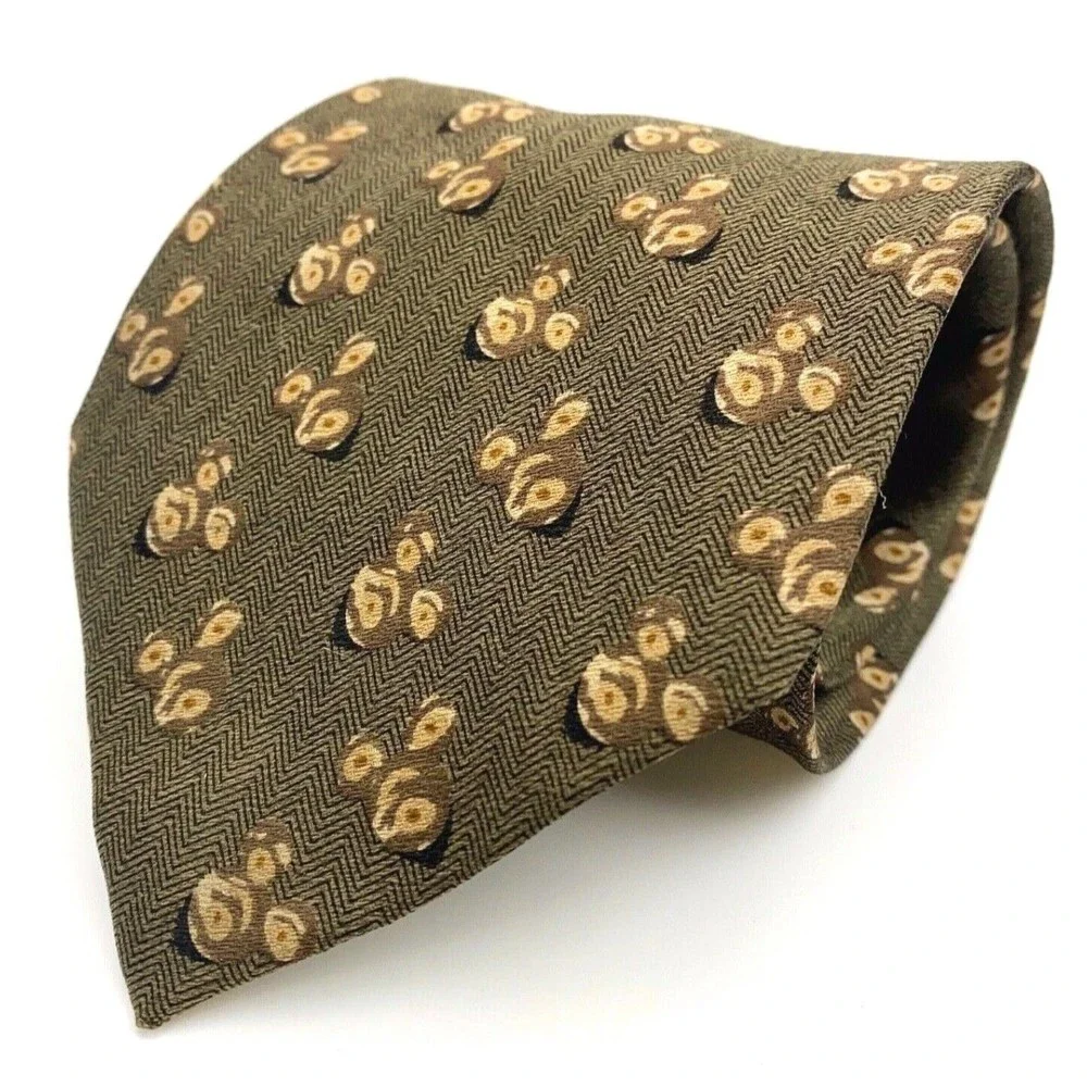 Walt Disney World Tie Silk Khaki Green Brown Men's Hand Made Mickey Head Necktie